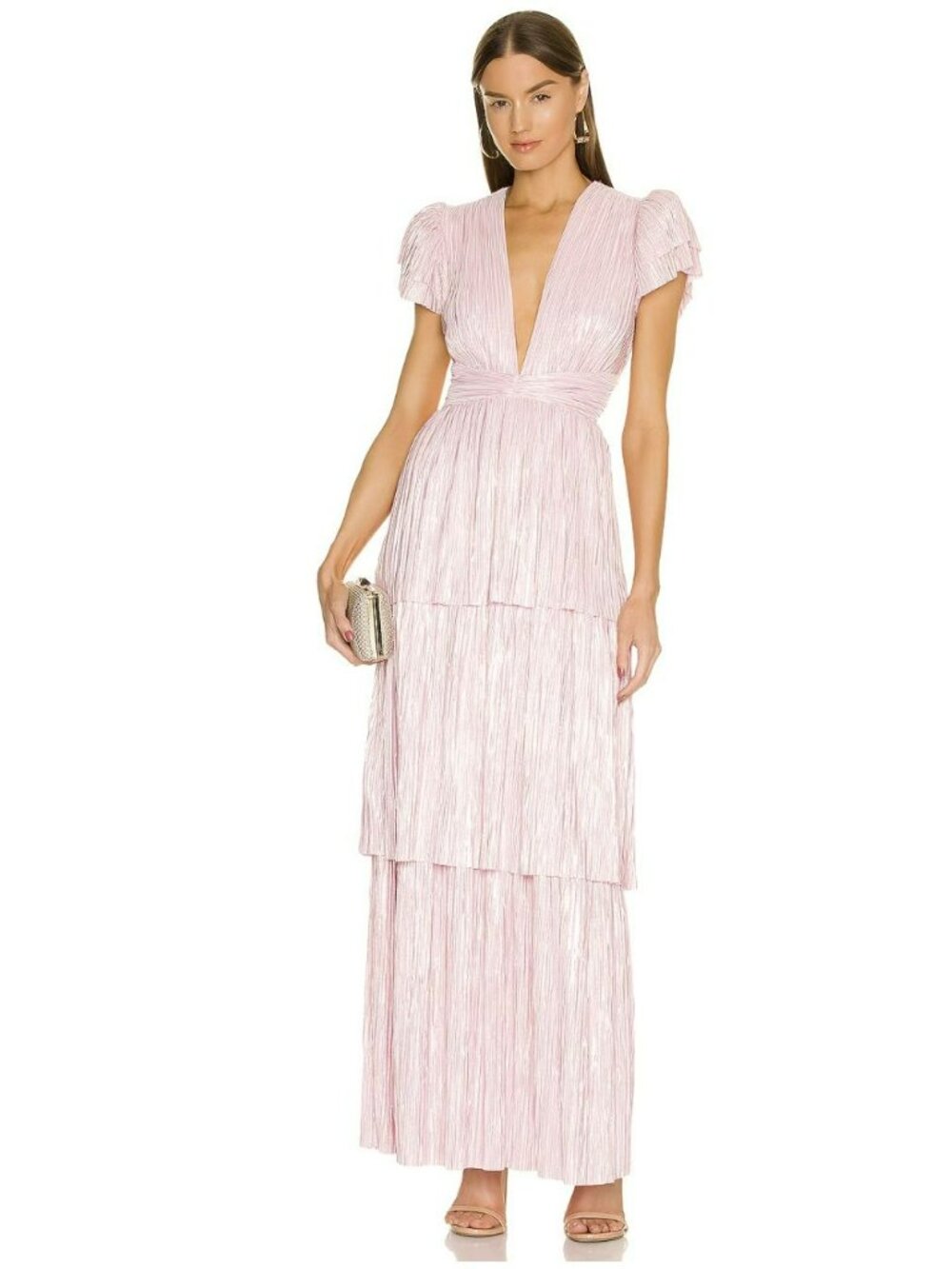 Sabina Musayev Maze Metallic Tiered Pleated Maxi Dress Size XS New